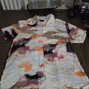 New Rayon Shirt Botton Down Short Sleeve men's Water Color Brush Size 2XL